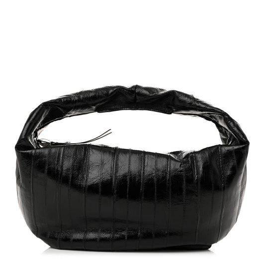 Glossy Calfskin Eelskin Embossed Medium Olivia Hobo Black
