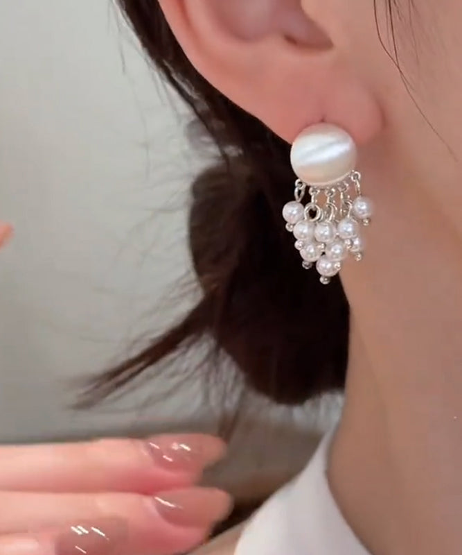 Stylish Gold Metal Overgild PearlTassel Drop Earrings