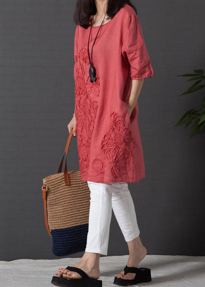 DIY Red Embroidered Linen Day Dress Half Sleeve