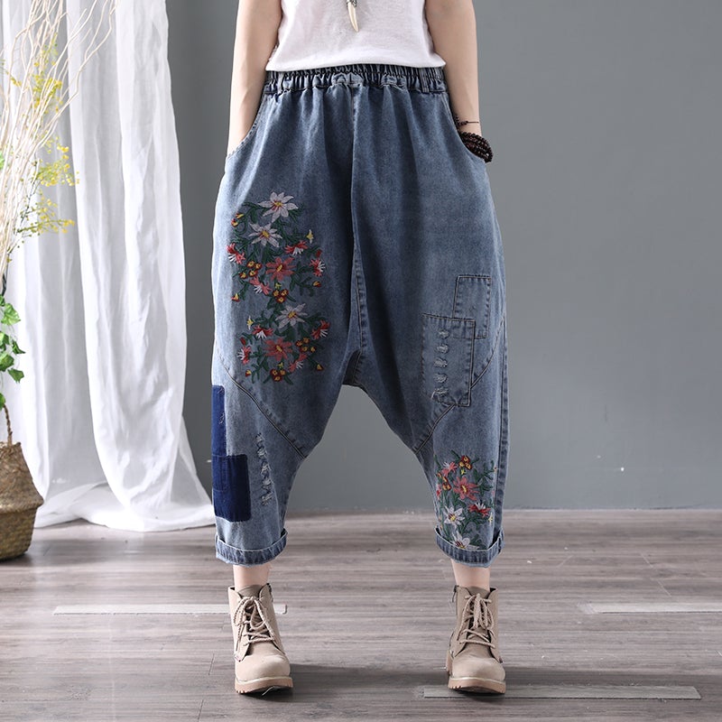 Denim Floral Pocket Low Drop Crotch Embroidered Jeans