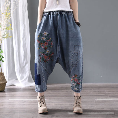 Denim Floral Pocket Low Drop Crotch Embroidered Jeans