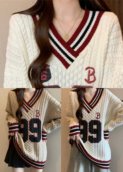 Women White Oversized Embroidered Knit Sweater Tops Fall