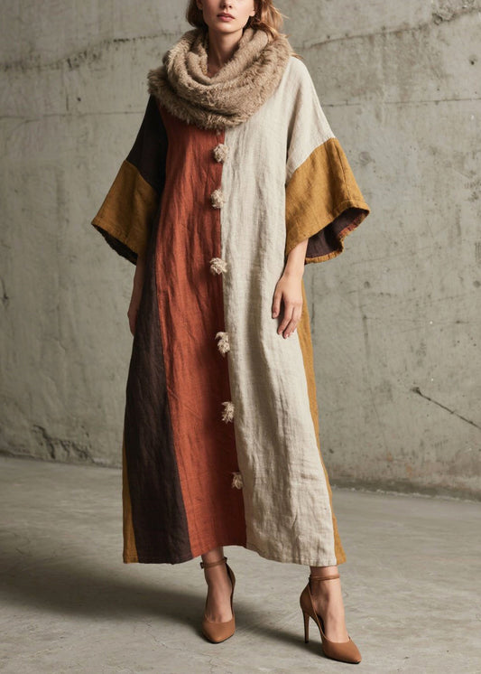 Art Colorblock Asymmetrical Patchwork Fuzzy Ball Decorated Long Dress Fall