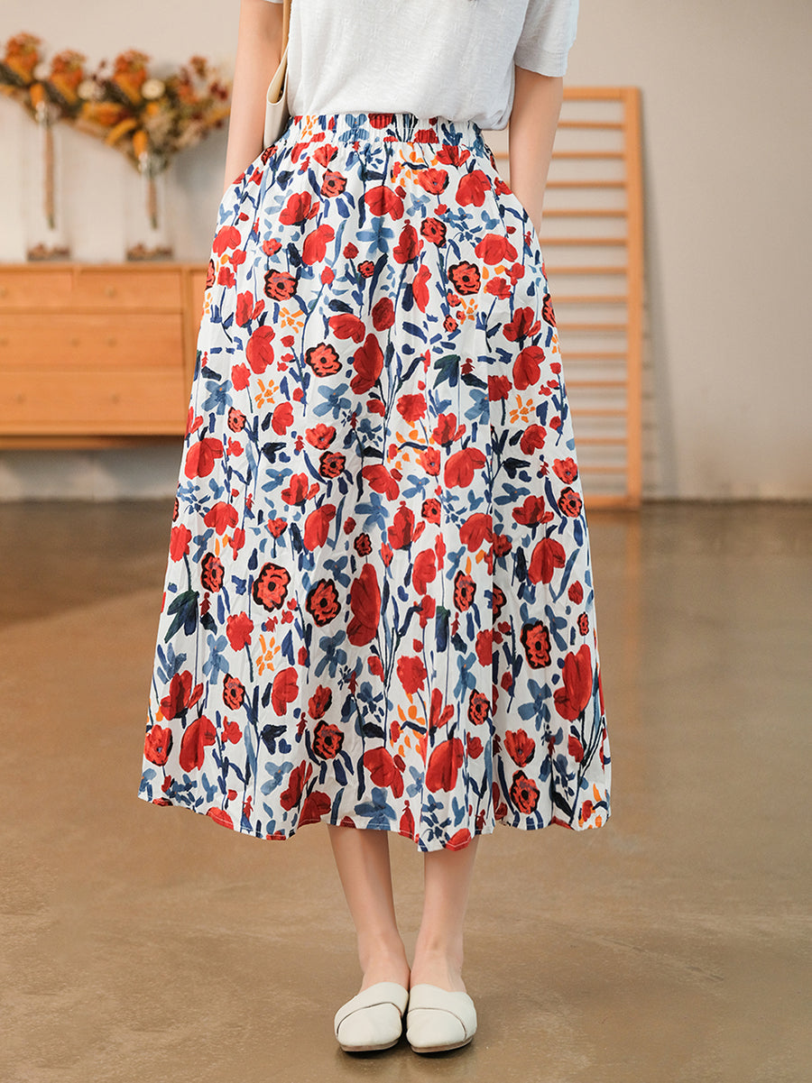 Floral Casual Elastic Waist Cotton Skirt
