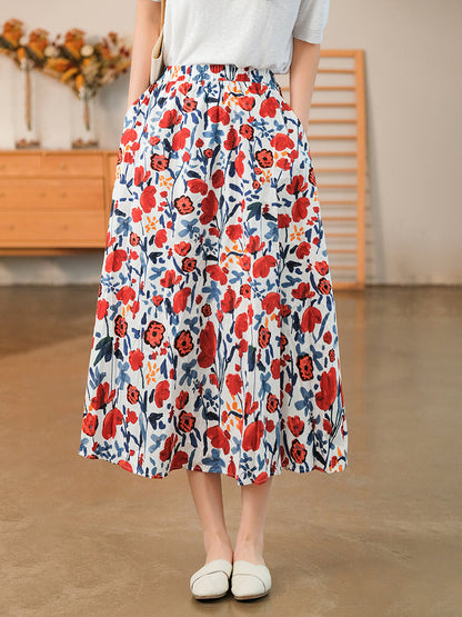Floral Casual Elastic Waist Cotton Skirt