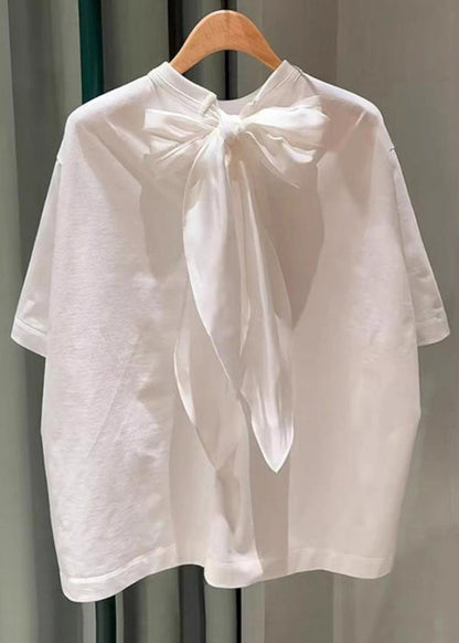 Simple White Lace Up Solid Cotton T Shirts Summer