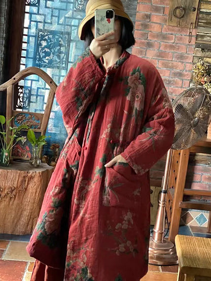 Women Winter Vintage Double Cotton Yarn Loose Stand Collar Coat