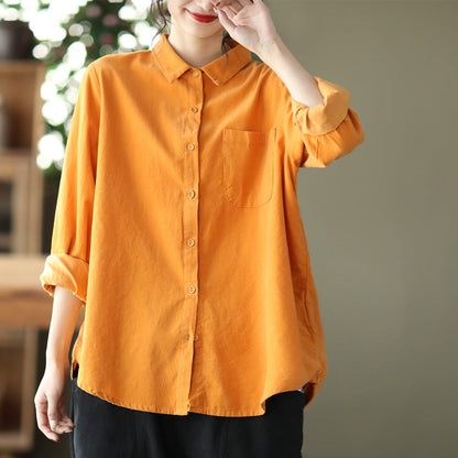 Women Spring Artsy Button Pocket Corduroy Solid T-shirt
