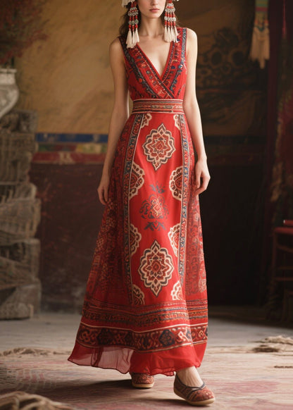 Fashion Red V Neck Print Chiffon Tunic Dress Sleeveless