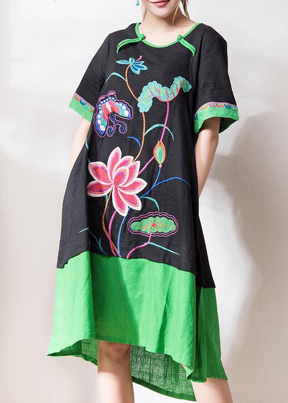 Chic black embroidery linen dresses o neck patchwork Dresses summer Dress