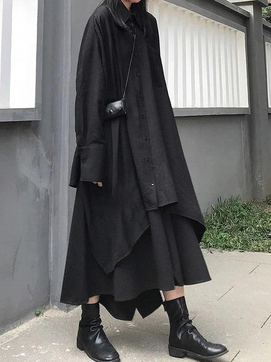 Chic lapel asymmetric cotton  for women black A Line shirt Dresses
