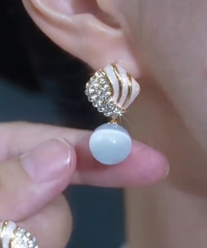 Elegant Light Blue Alloy Zircon Cat's Eye Stone Drop Glaze Drop Earrings
