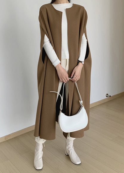 Women Coffee Original Design Solid Woolen Coats Sleeveless