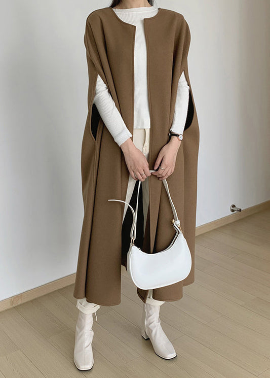 Women Coffee Original Design Solid Woolen Coats Sleeveless