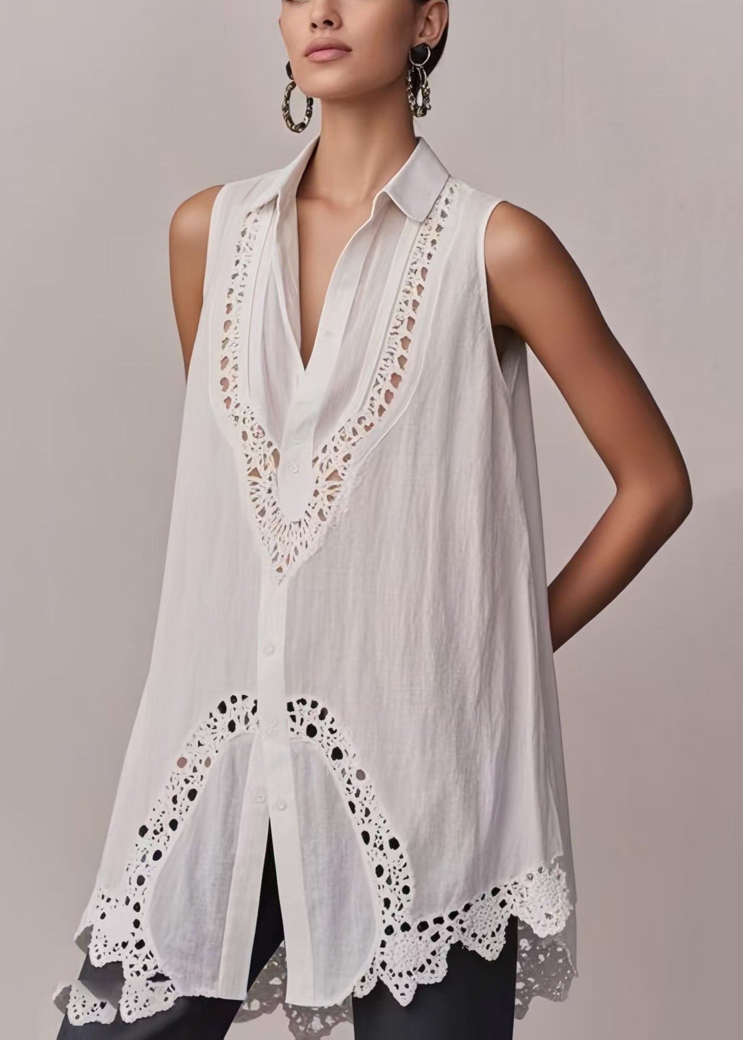 Fashion White Hollow Out Cotton Long Vest Sleeveless