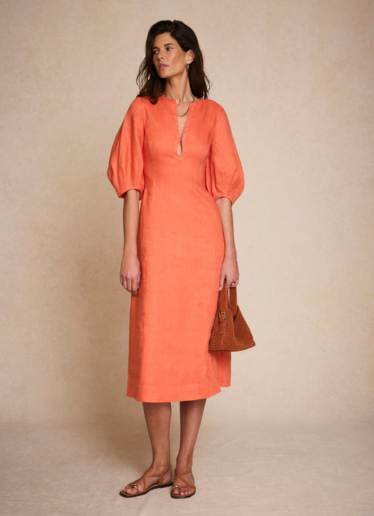 Linen Puff-Sleeve Fitted Waist Midi Dress