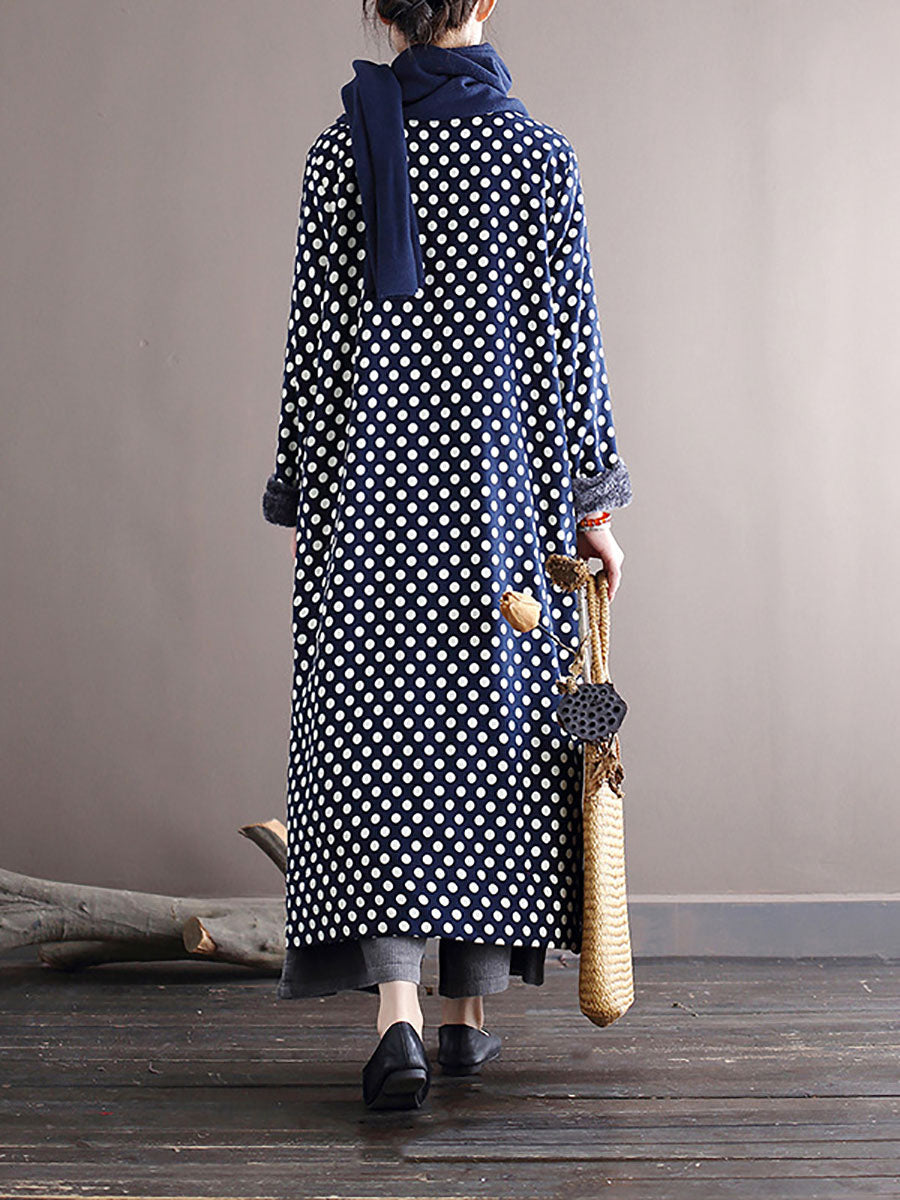 Women Vintage Dot Pocket Loose Thick Dress