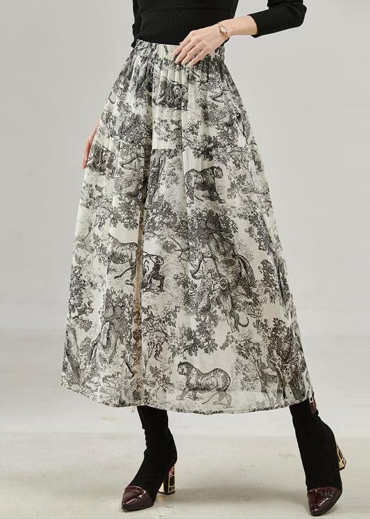 Vintage Black Print Cotton A Line Skirts Spring