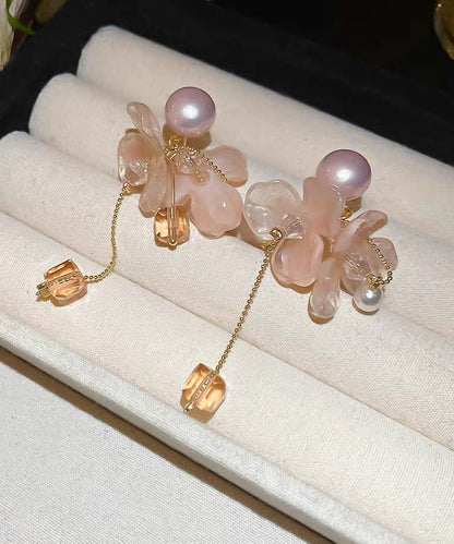 Cute Pink Sterling Silver Overgild Crystal Pearl Floral Tassel Drop Earrings