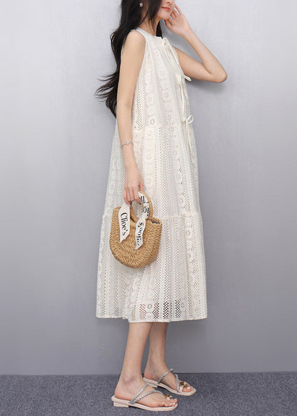 Simple White Hollow Out Tulle A Line Dress Sleeveless