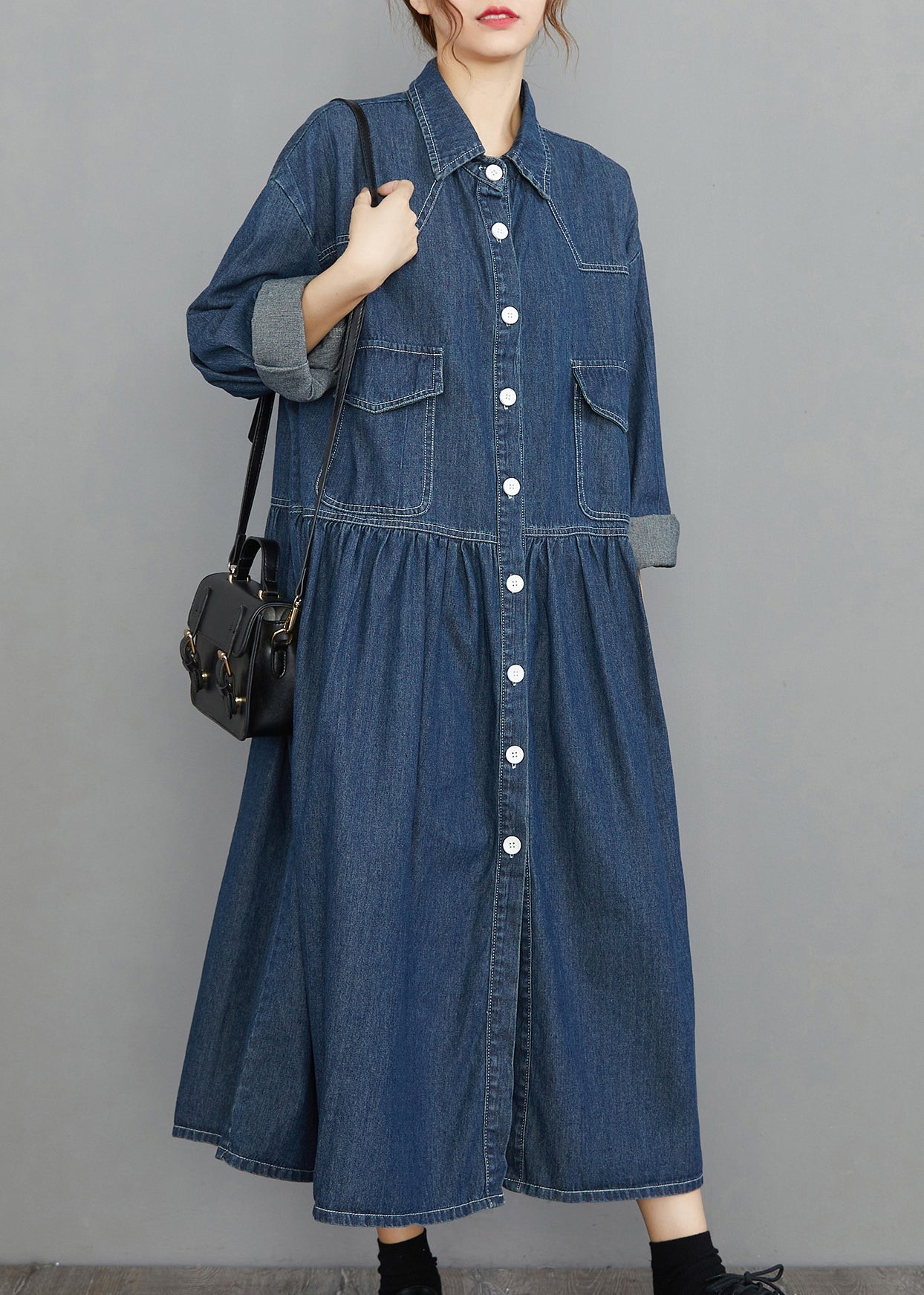 Chic Navy Peter Pan Collar Button Pockets wrinkled Denim Dress