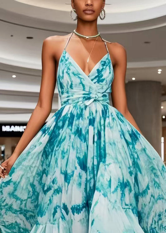 Bohemian Blue Print Exra Large Hem Chiffon Mini Dress Summer