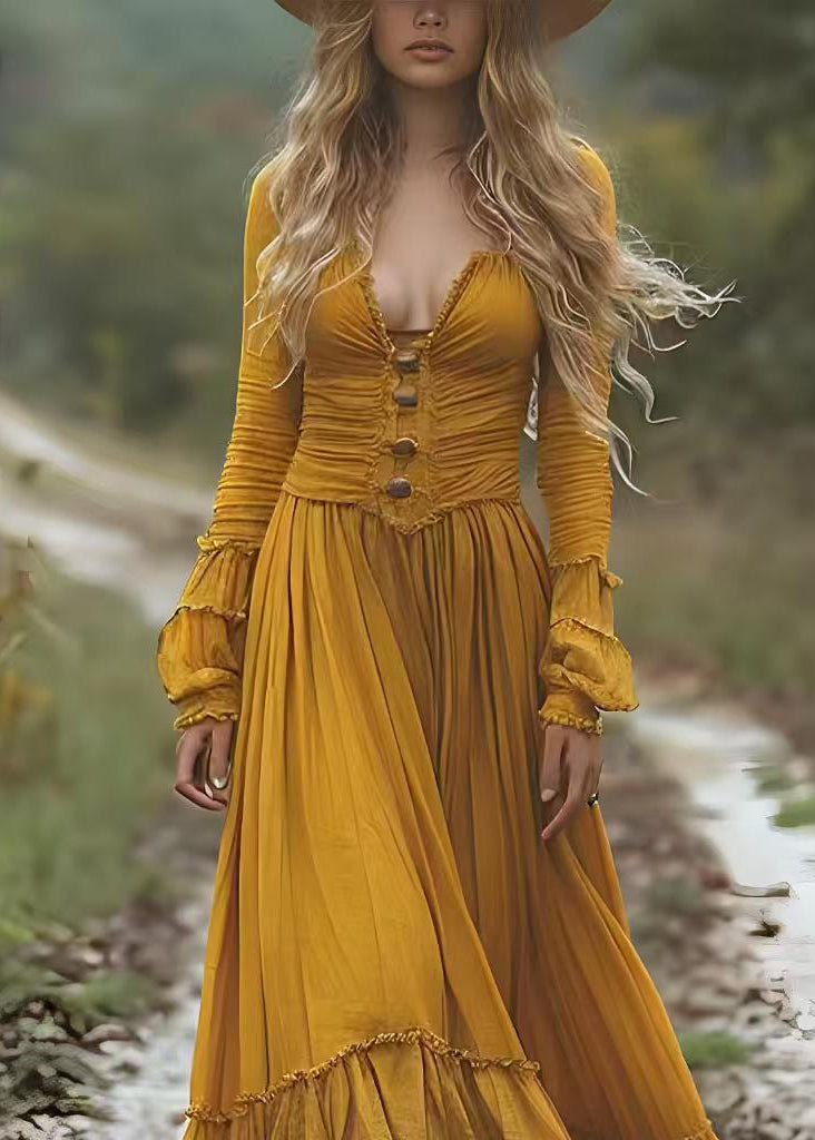 Boho Yellow Wrinkled Patchwork Cotton Long Dresses Spring