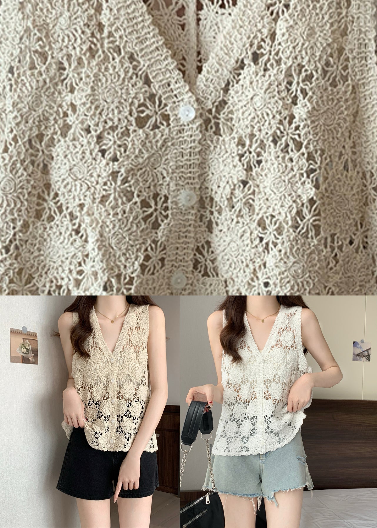 Bohemian White V Neck Knit Tops Sleeveless