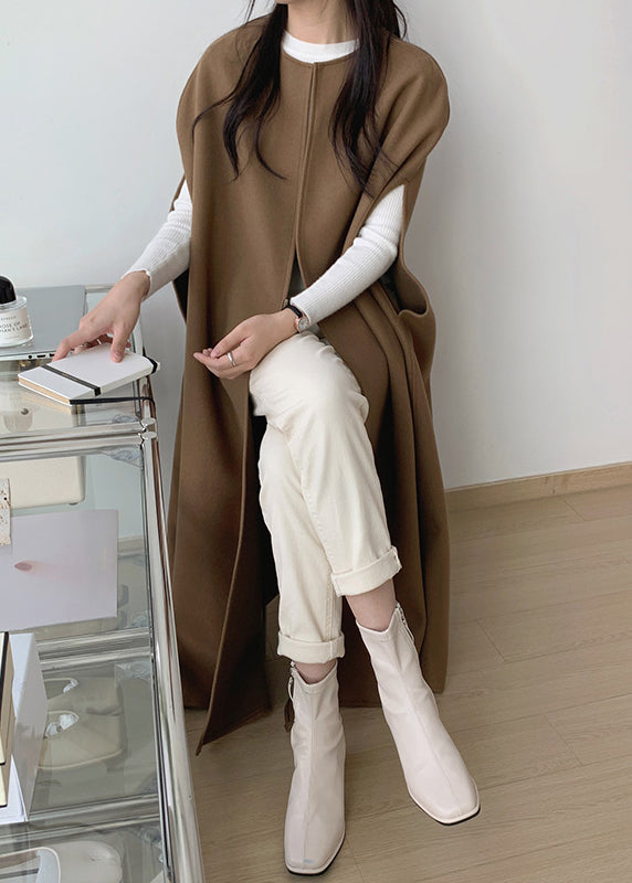 Women Coffee Original Design Solid Woolen Coats Sleeveless