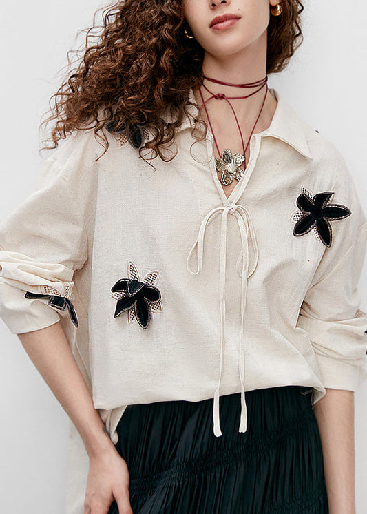 Boutique Beige Peter Pan Collar Floral Cotton Top Fall