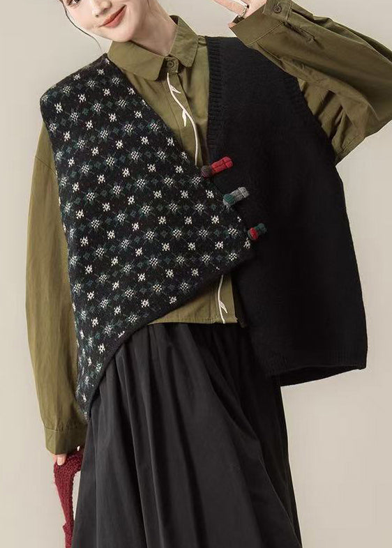 Vintage Black Asymmetrical Chinese Button Knit Vests Winter