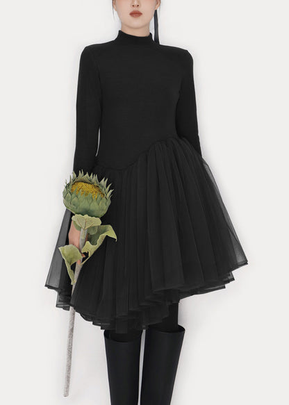 Black Solid Tulle Patchwork Winter Mini Dresses Turtleneck