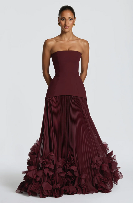 Burgundy Strapless Lace-Up Pleated 3D Floral Hem Evening Gown