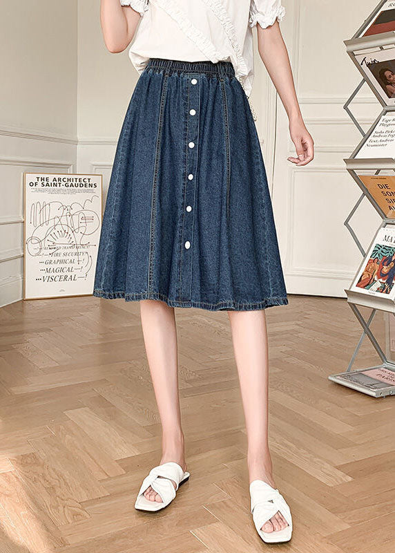 Natural Navy Elastic Waist Button 2022 Cotton Denim Skirts Cozy