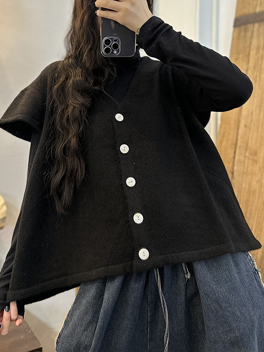 Women Artsy Knitted Button Solid Sleeve Vest