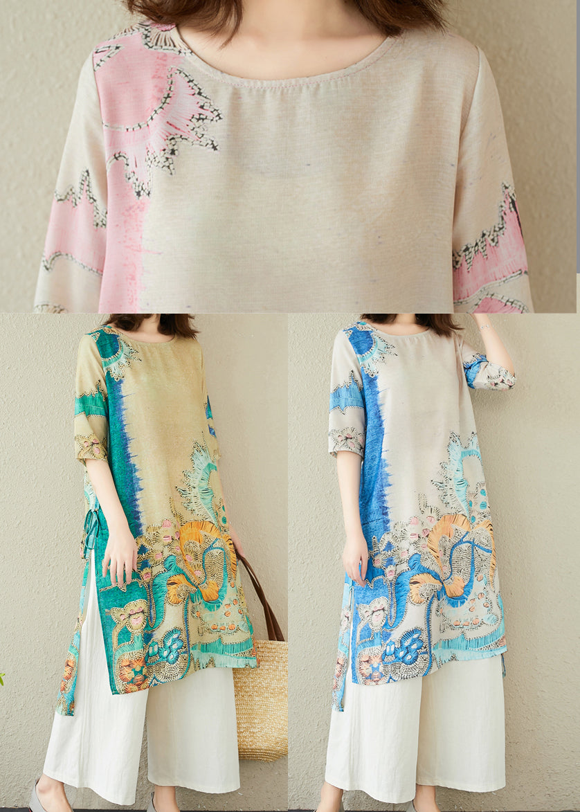 Women Green Oversized Print Linen Dress Summer