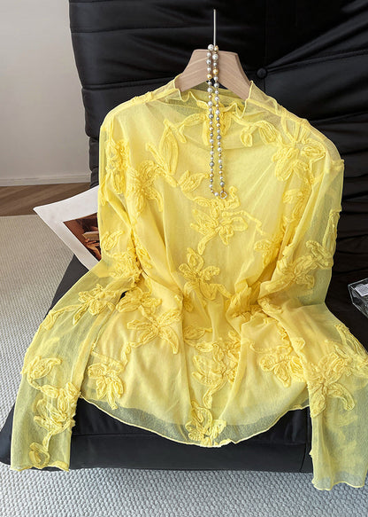 Slim Fit Yellow Embroidered Solid Tulle T Shirt Fall