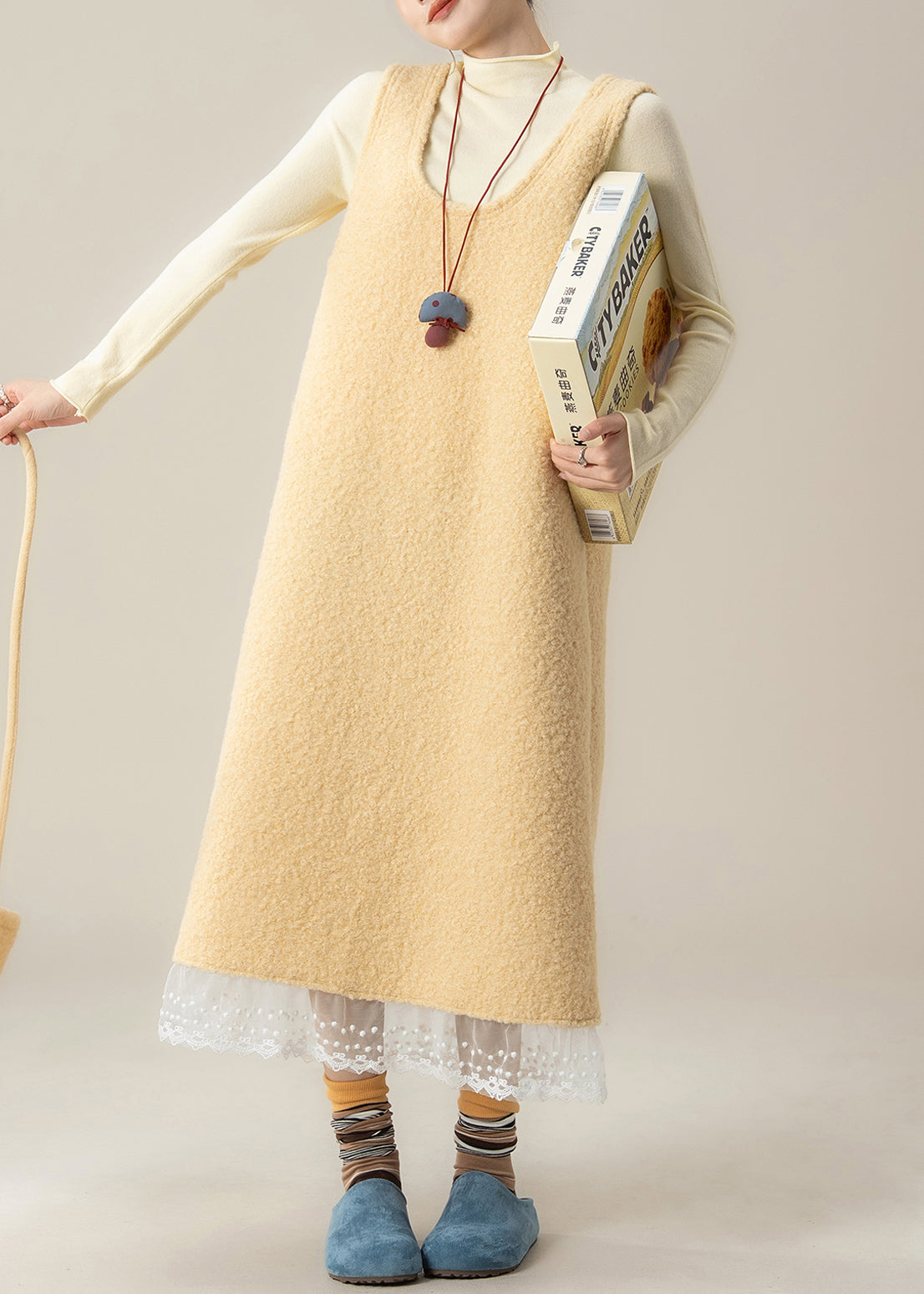 Slim Fit Yellow U Neck Back Side Open Lace Patchwork Woolen Two Pieces Set Fall