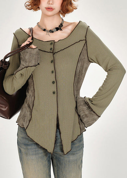 French Green Slash Neck Button Patchwork Cotton Top Fall