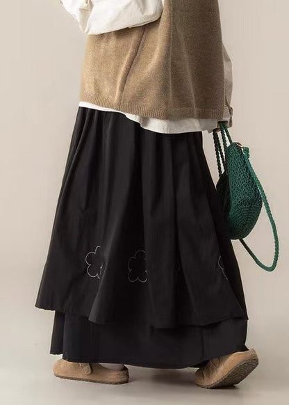 Bohemian Black Embroidered Layered Cotton Holiday Skirts Spring