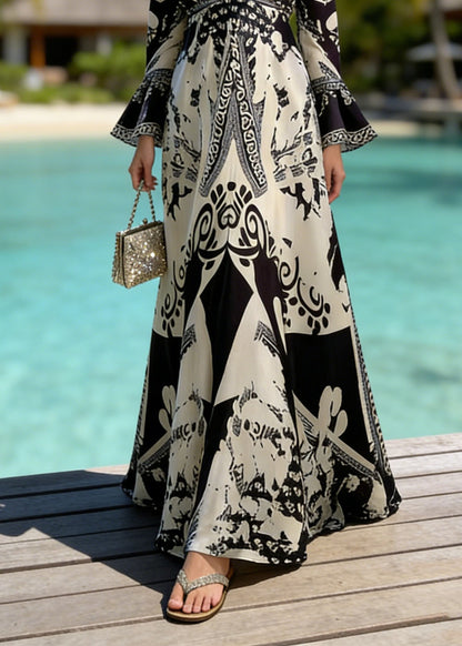 Fashion Black V Neck Print Holiday Dress Flare Sleeve