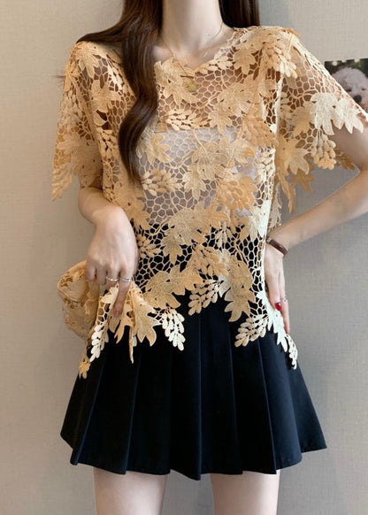 Loose Caramel O-Neck Asymmetrical Lace Top Short Sleeve