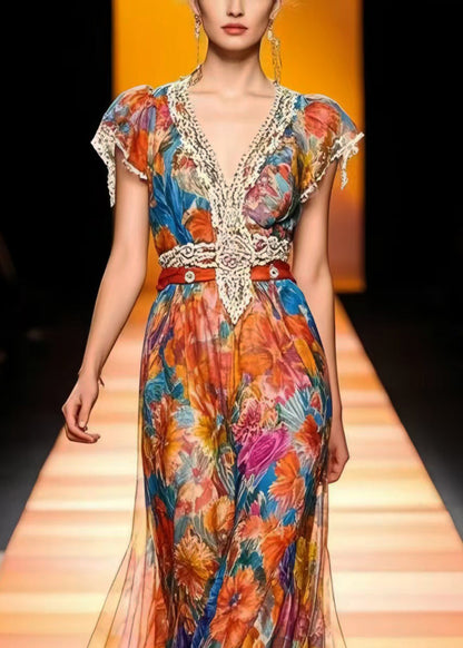 Modern Cinched Floral Print Chiffon Long Dresses Summer