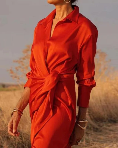 Chic Red Peter Pan Collar Tie Waist Silk Long Dress Spring