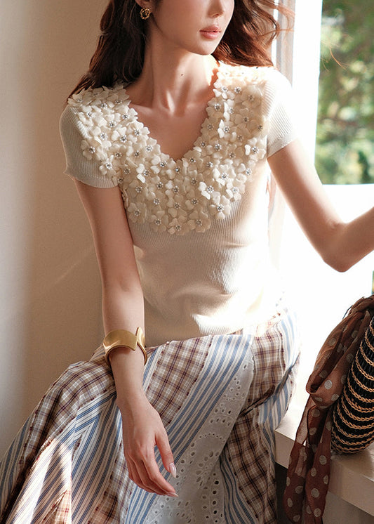 Art Beige V Neck Floral Nail Bead Knit T Shirts Summer