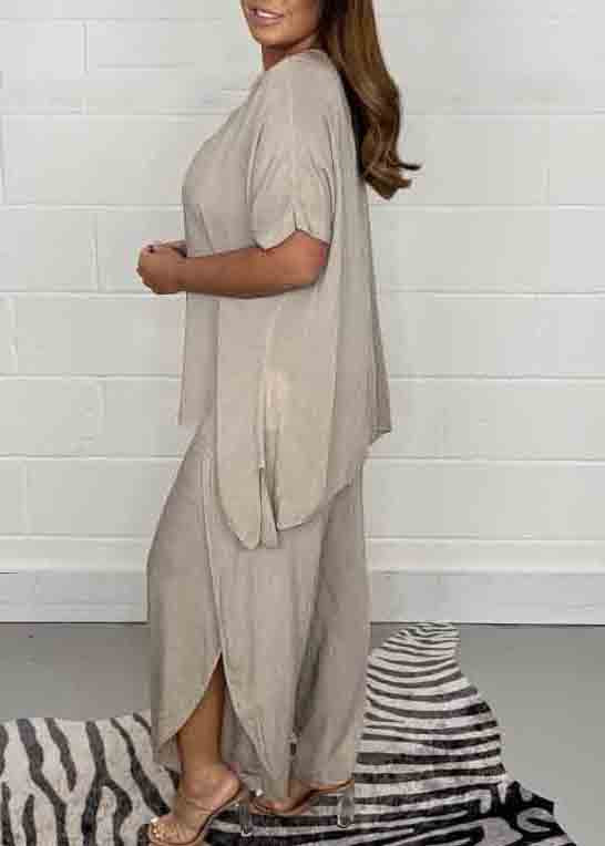 Casual Solid Color Oversized Side Open Linen Two Pieces Set Summer