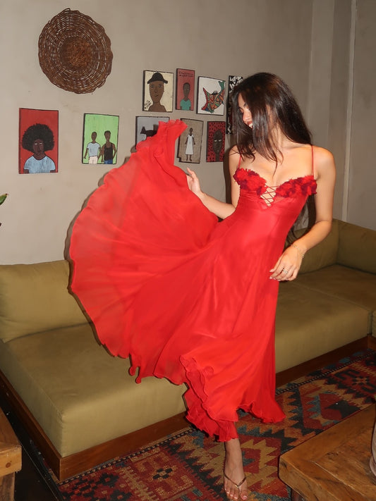 Scarlet Red 3D Floral Lace-Up Waist-Fitted Irregular Ruffled Spaghetti Strap Evening Date Midi Dress