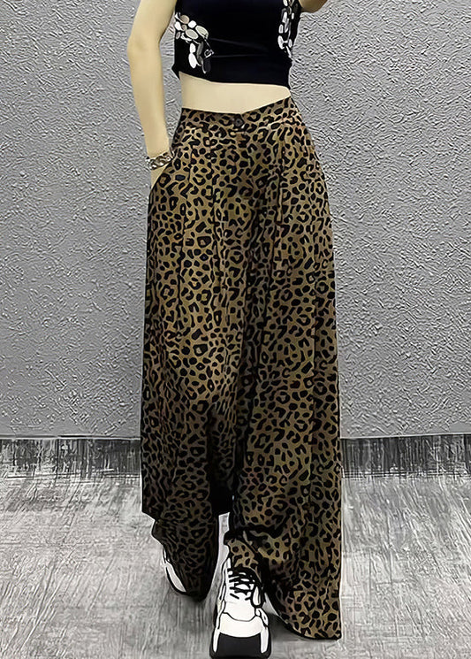 Vintage Leopard Pockets High Waist Cotton Wide Leg Pants Summer