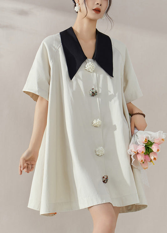 Elegant White Peter Pan Collar Button Shirts Mid Dress Summer