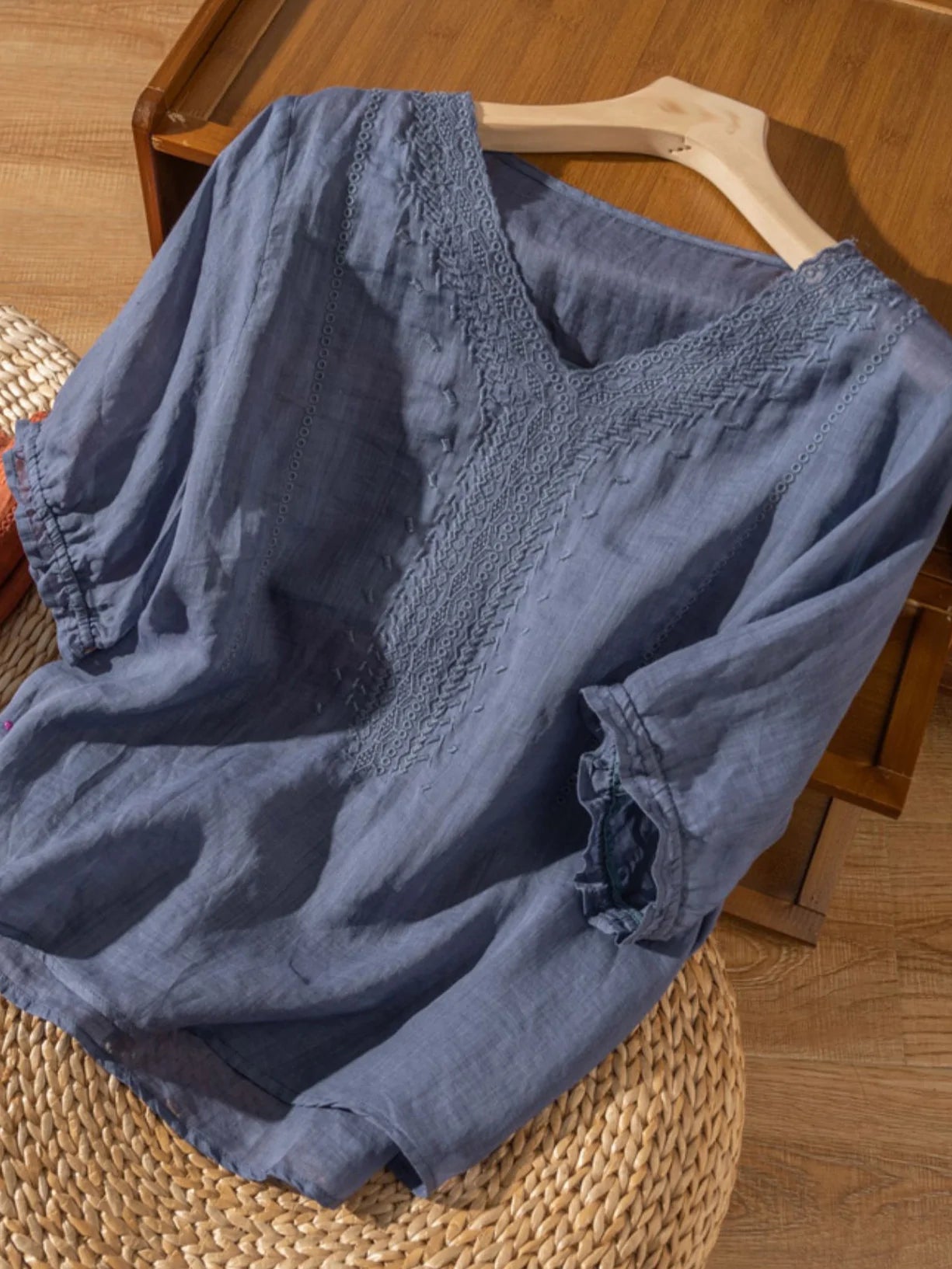 Solid Color V Neck Short Sleeve Casual Linen Top